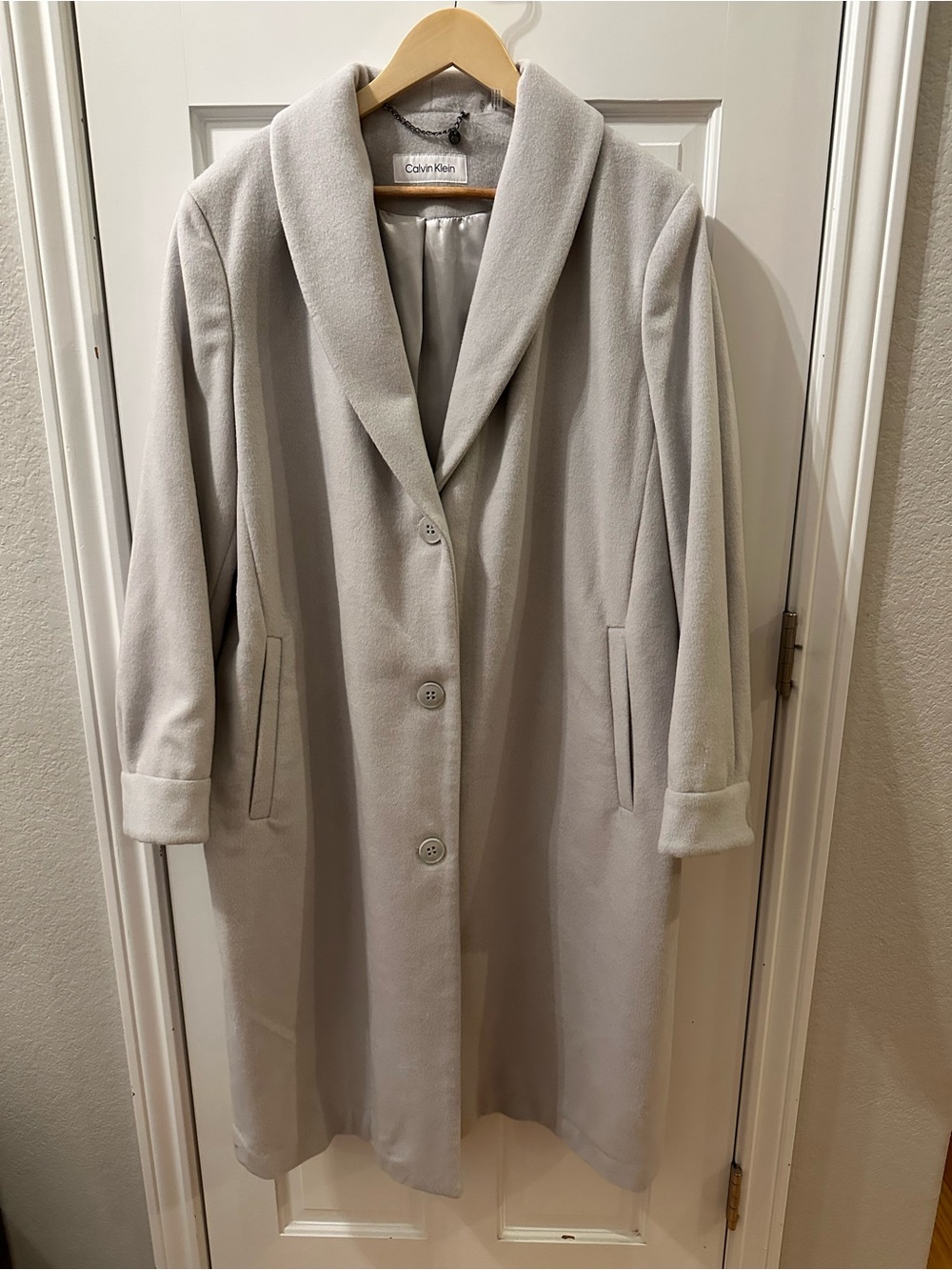 Calvin Klein Light Gray Shawl Collar Long Coat